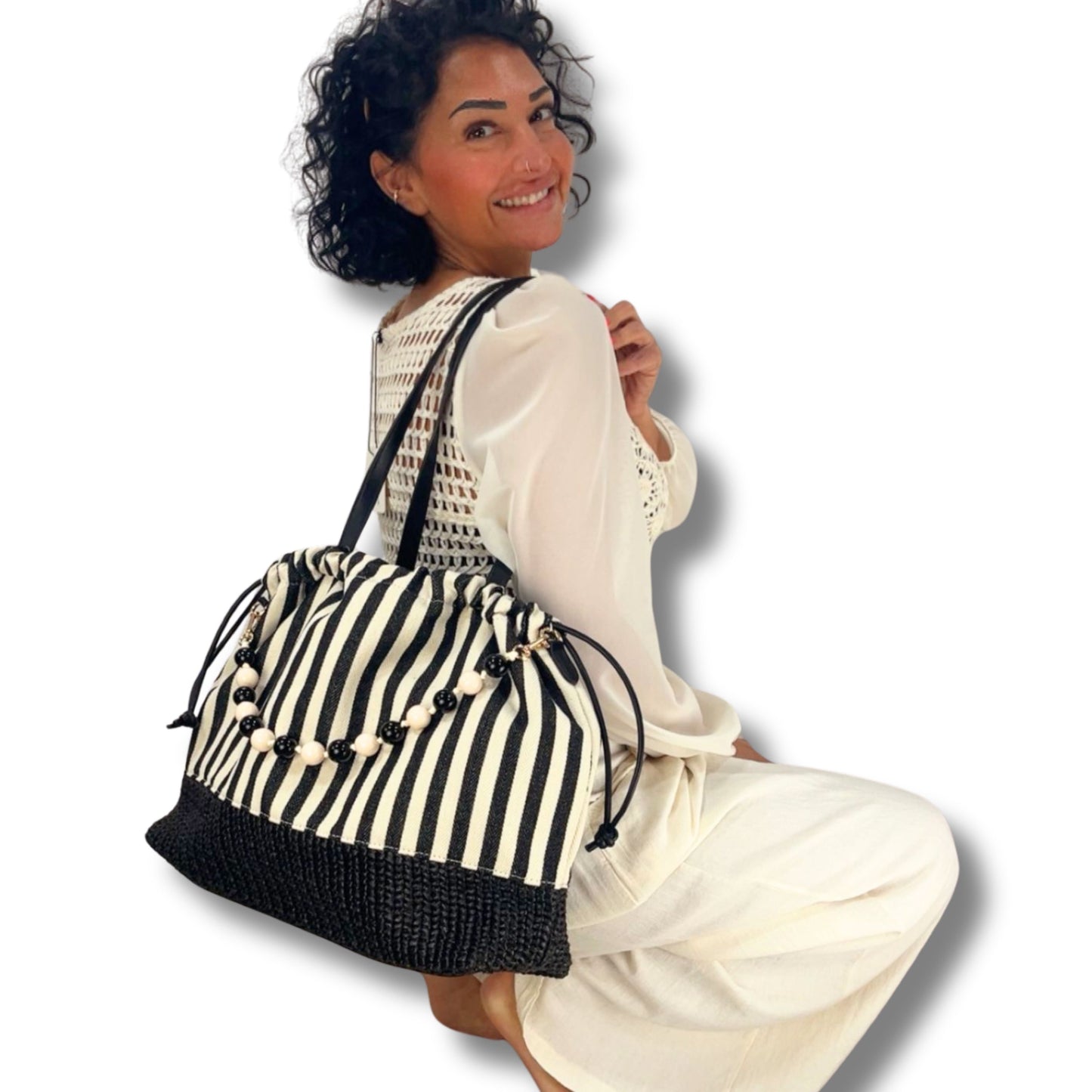 Sommer-Tasche Creme/Schwarz Streifen – abnehmbare Perlenkette, Strand & Shopping