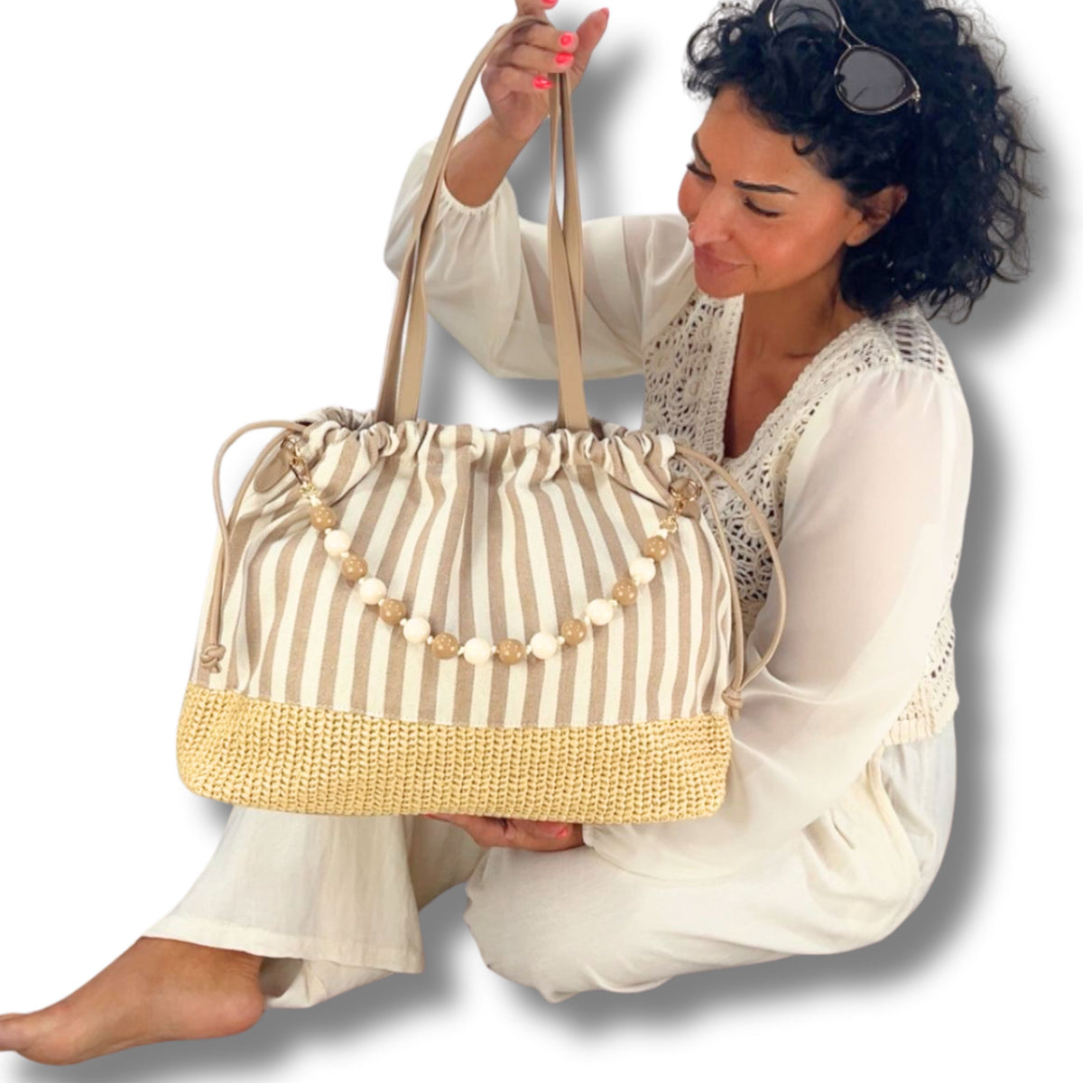 Sommer-Tasche Beige/Creme Perlenkette – 50x35x12cm, 3 Innenfächer, Geschenk für Frauen