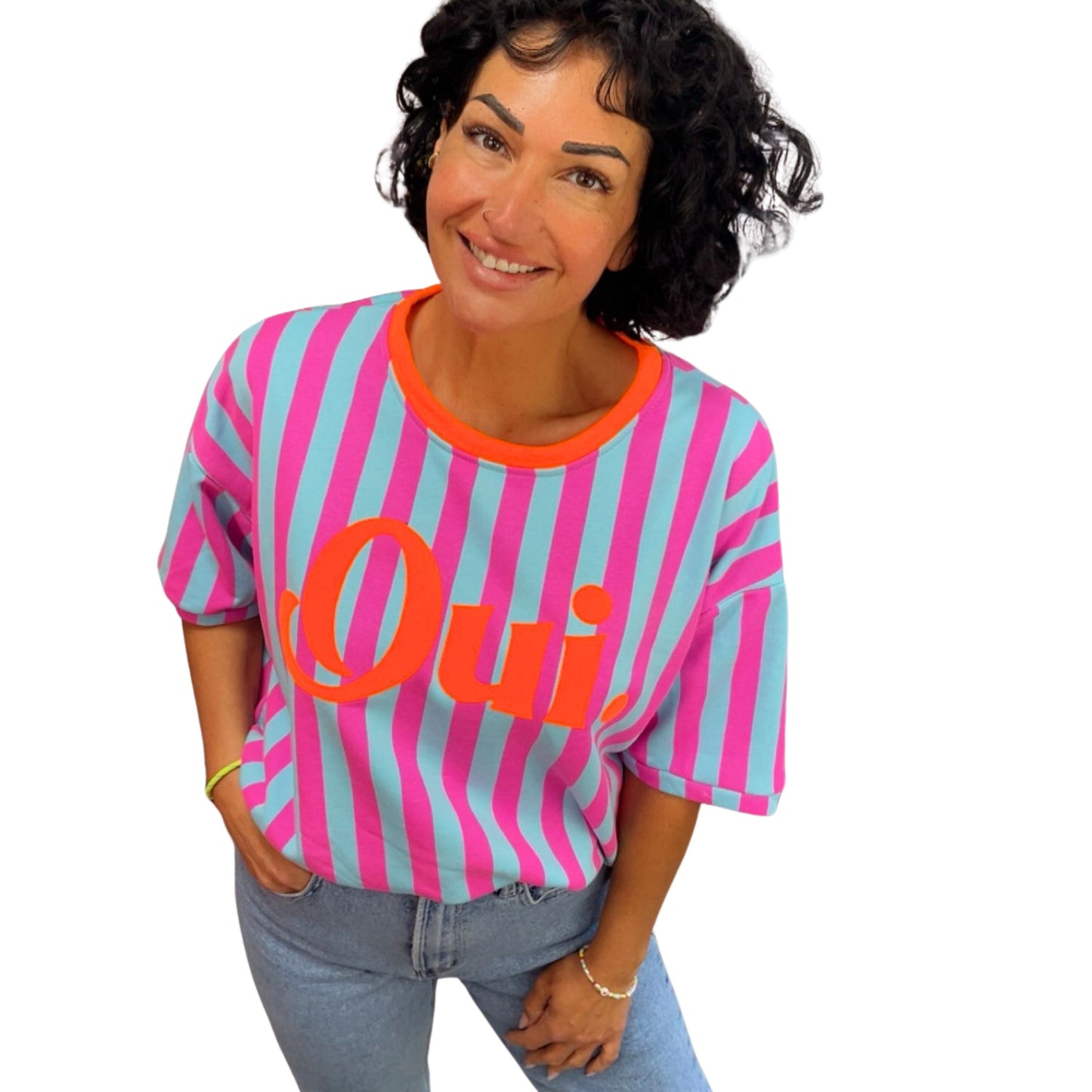 Oversize Shirt Oui Damen – Neon Streifen Look, Vorderansicht