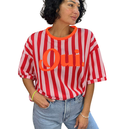 Oversize T-Shirt Neon Streifen – lockerer Schnitt, Seitenansicht
