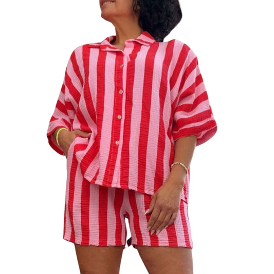 Musselin-Set Damen in Rosa/Rot – lockere Bluse mit Shorts