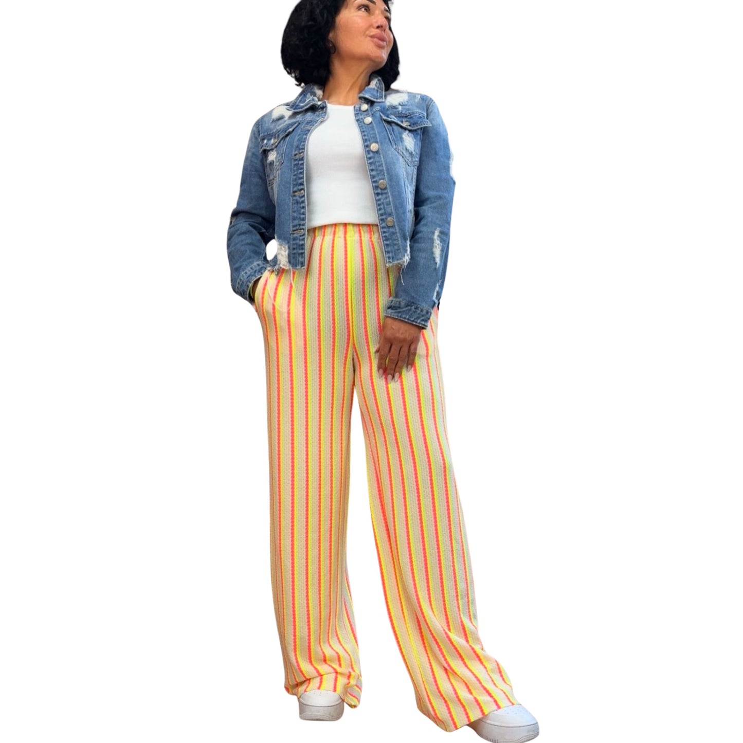 Feinstrick-Hose mit Streifenmuster in Neon Orange/Gelb – Seitenansicht