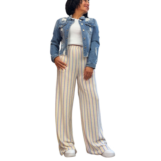Feinstrick-Hose mit Streifenmuster in Blau/Rosa – Vorderansicht