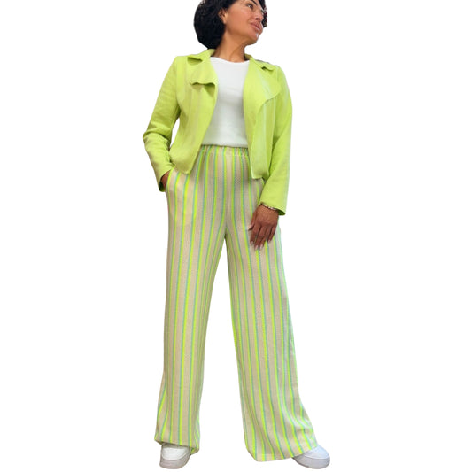 Feinstrick-Hose mit Streifenmuster in Neon Gelb/Türkis – Vorderansicht