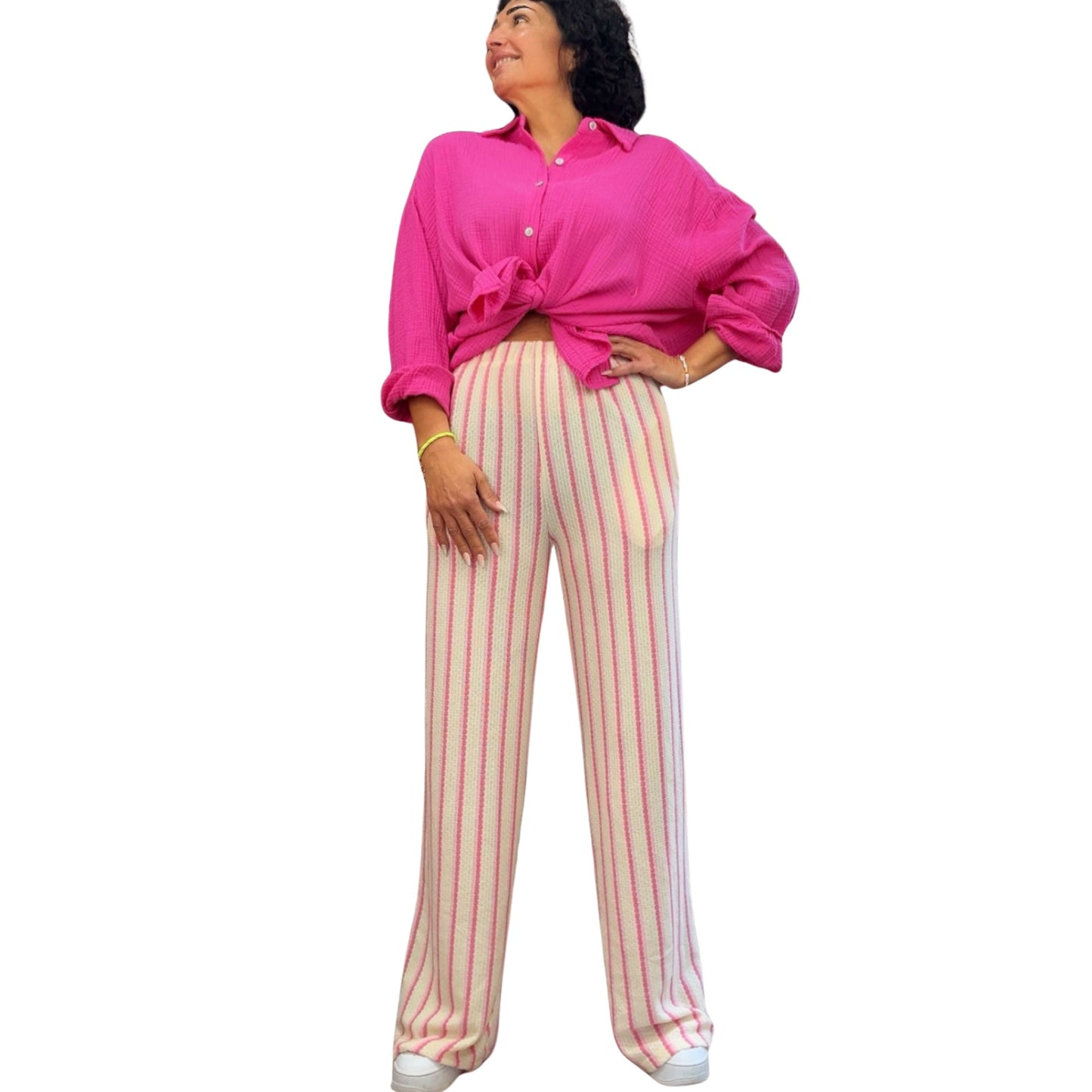 Feinstrick-Hose mit Streifenmuster in Pink/Rosa – Detailansicht Bund